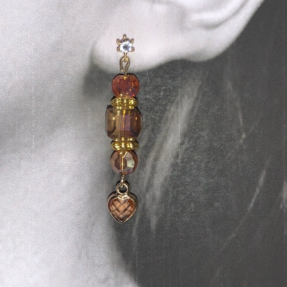Light Brown Heart drop dangle, sheer square beaded earrings with CZ Stud Post